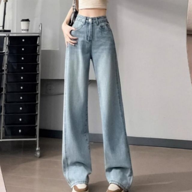 여성용 하이웨스트 워싱 와이드 진 청바지 일자핏 데님 팬츠