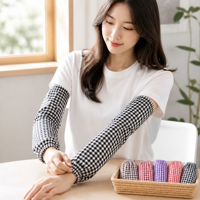 사계절 남녀공용 롱 팔토시 체크 컬러풀 시보리 1세트(2개)