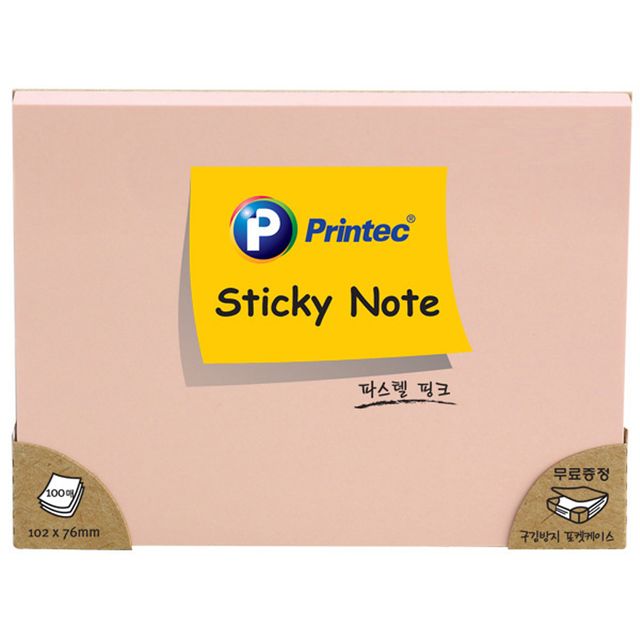 프린텍 파스텔스티키노트 핑크 102x76 점착식 메모지