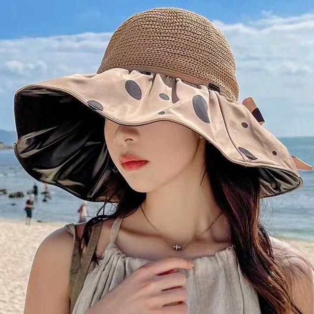 와이드챙 도트패턴 뒷리본 버킷햇 휴양지 패션모자