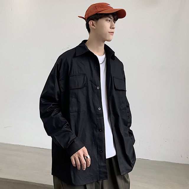 남성 캐주얼 베이직 4컬러 무지 기본 포켓 긴팔 셔츠