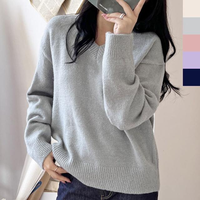 여성 오버핏 사계절 브이넥 니트 1P 스웨터 데일리룩