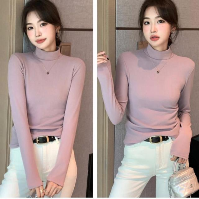 여성 이너 솔리드 반폴라 긴팔티 면 목 폴라 티