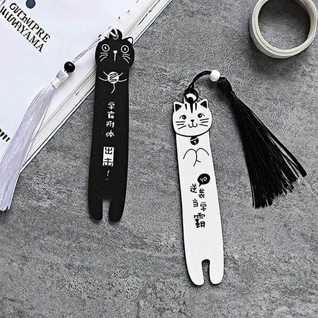 고양이 책갈피 블랙 화이트 1P 책받침 원목