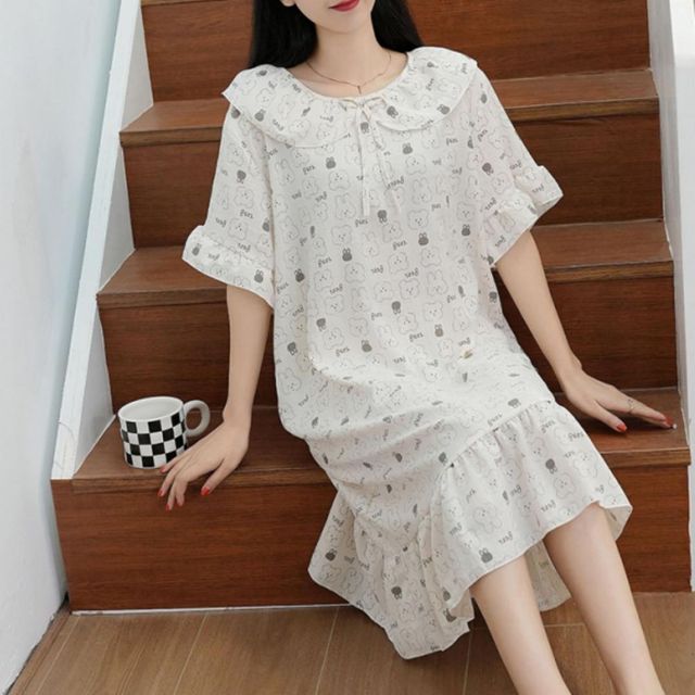 여성 여름 잠옷 파자마 프릴 카라 반팔 롱 원피스