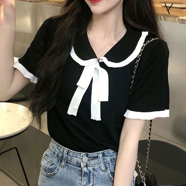 예쁜 리본 카라 티셔츠 반팔 여름 데이트 여행 여친룩