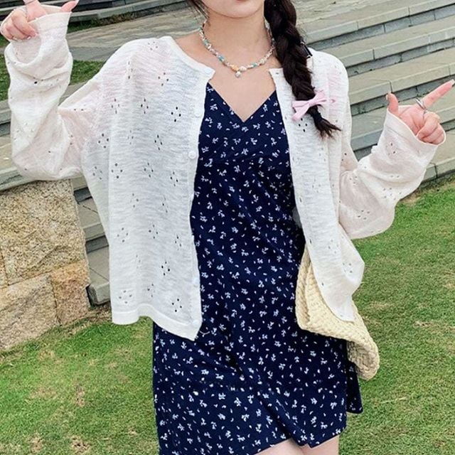 여성 긴팔 얇은 여름 여름가디건 여성여름가디건 펀칭 가디건 크림