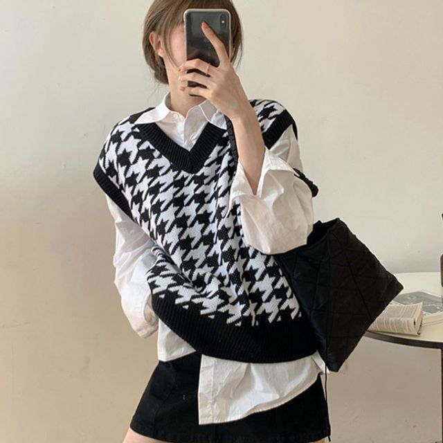봄 가을 하운드체크 조끼 브이넥 간절기 베스트