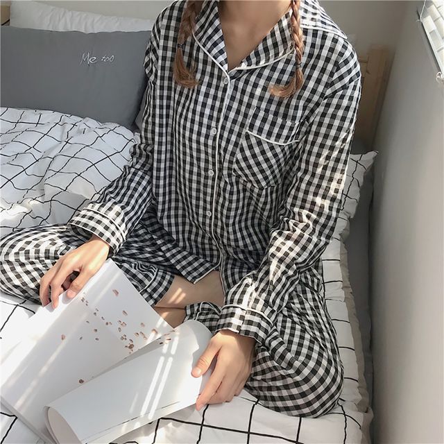 여성 체크무늬 순면 실내복 파자마 잠옷