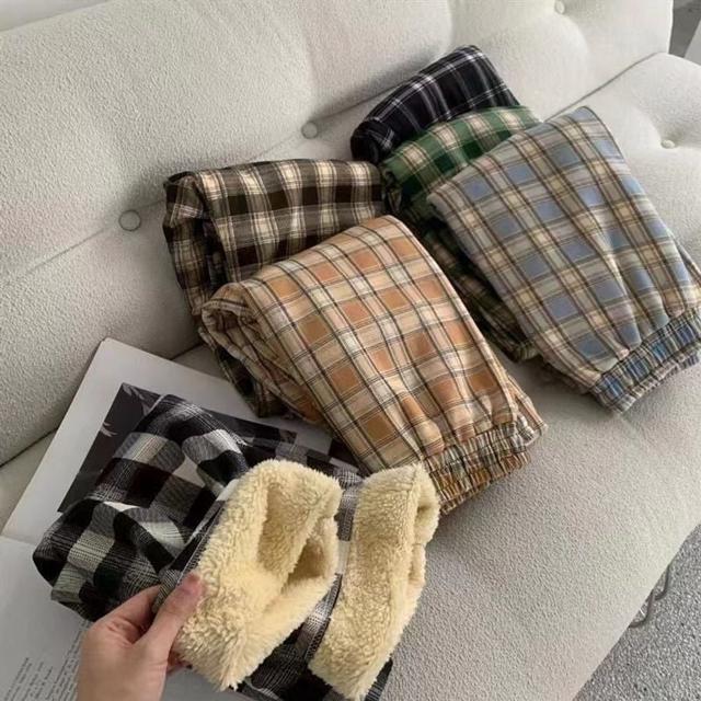 뽀글이 체크바지 기모 팬츠 따뜻한 캐주얼 겨울바지