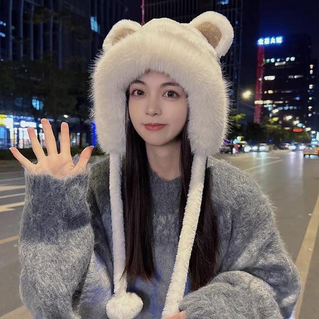MFNC030082 - 곰돌이귀 퍼 방울스트랩 방한 모자