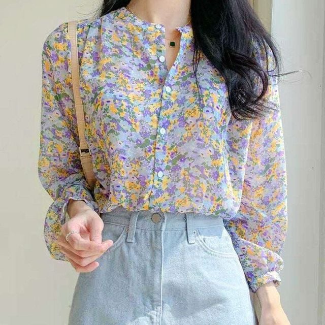 벌룬 블라우스 여성 여성블라우스 퍼프블라우스 무늬 플라워 퍼플