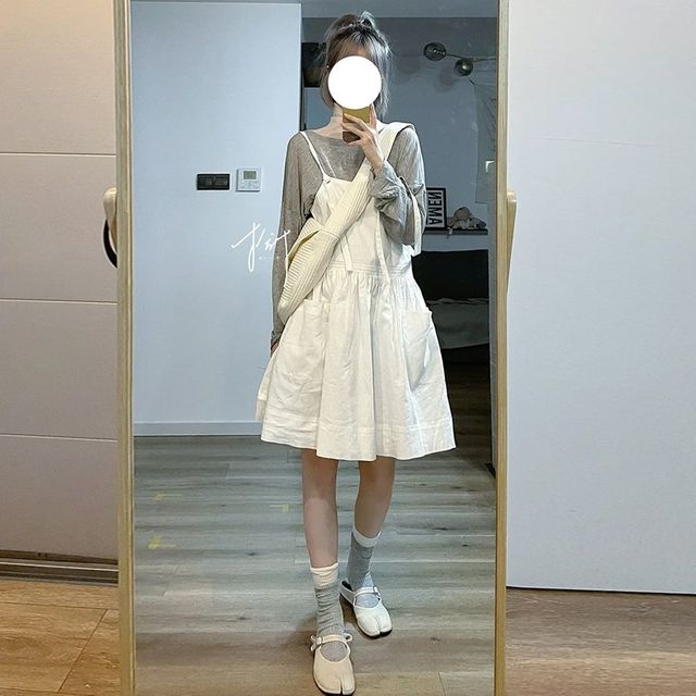 화이트 서스펜더 원피스 슬림 서스펜더 스커트 투피스