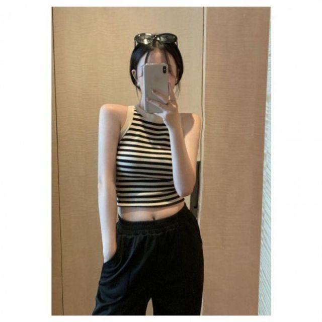 홀터넥 패턴 크롭탑 이지 민소매티 소매없음세로패턴 망고
