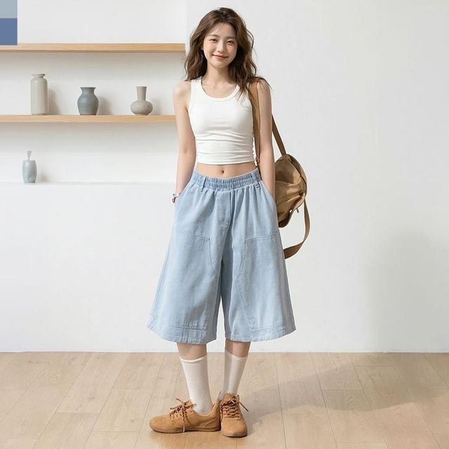 여성 워싱감 패치 버뮤다 밴딩 청데님 반바지 버뮤다팬츠
