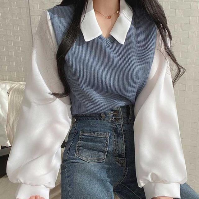 카라 티셔츠 골지 조끼 페이크 레이어드 티셔츠 - 꾸안꾸 스타일