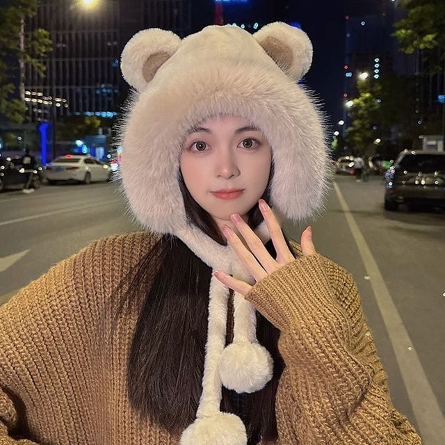 모자 방울털모자 곰돌이귀 퍼 방울스트랩 방한 귀여운 데일리 모자