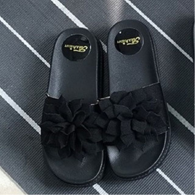 꽃장식 편한 낮은굽 실내화 거실 사무실 슬리퍼 블랙