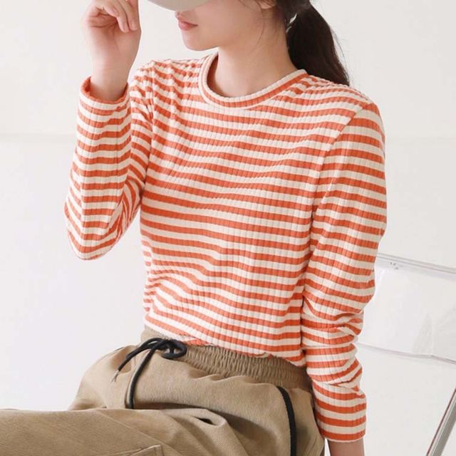 주황색 긴팔티 여성 스웨터 레이스티셔츠 베이직티 여성티셔츠 레이스 상의 라운드