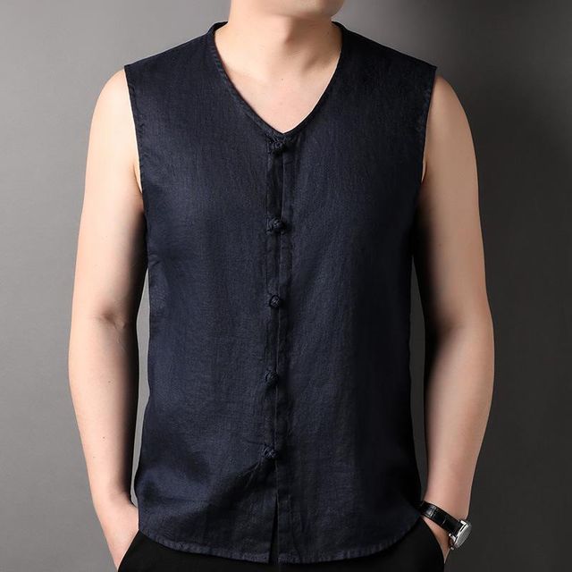 남성 조끼 민소매 솔리드 캐주얼 린넨 여름 얇은 브이