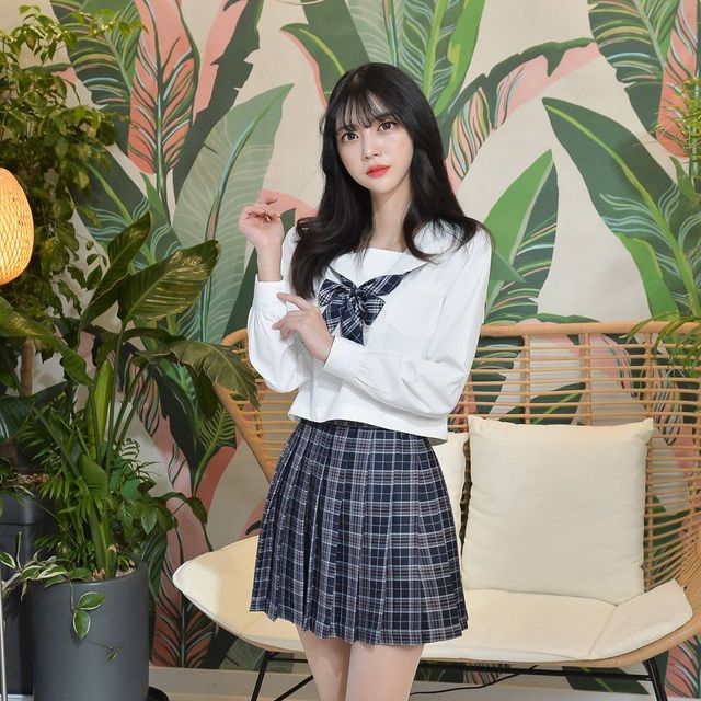 TBZ 교복몰 네이비 앤 퍼플체크 일본여고생 세라복 긴팔