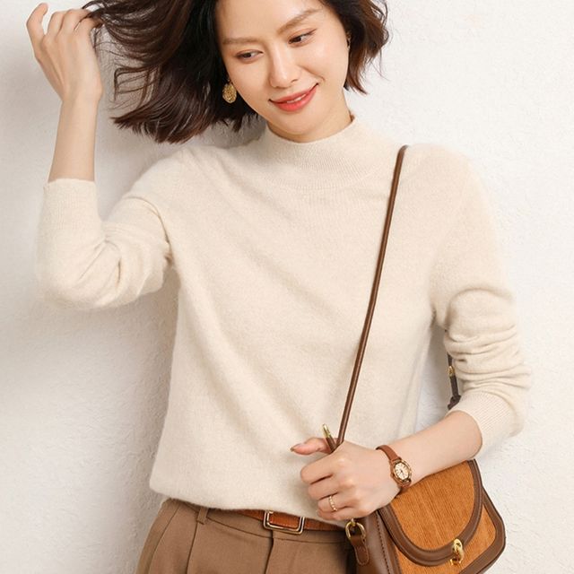 여성 5컬러 데일리 양모 심플 하프넥 긴팔니트 스웨터