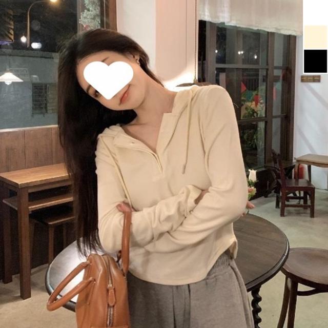 여성 단추 후드티 1P 데일리 긴팔 간절기 크롭 티셔츠