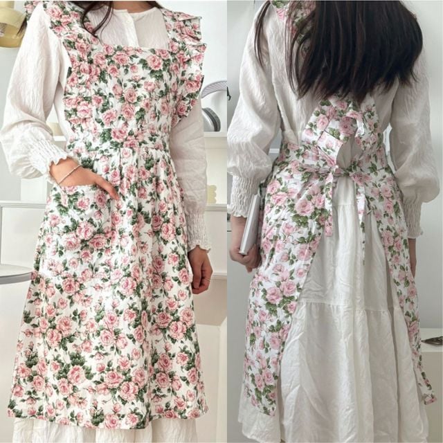 메르올린 프리미엄 순면 플라워 앞치마 미용실 카페 바리스타 주방 어린이집 에이프런 빅사이즈 원피스