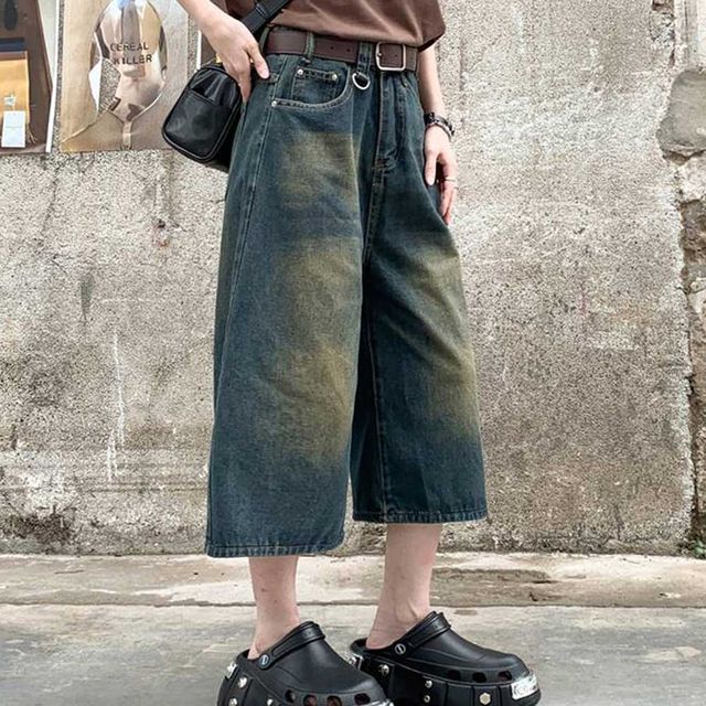 빈티지 워싱 와이드 크롭 데님팬츠 레트로 루즈핏 7부