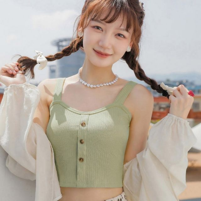 버튼 크롭나시 여름 곱창 끈 나시