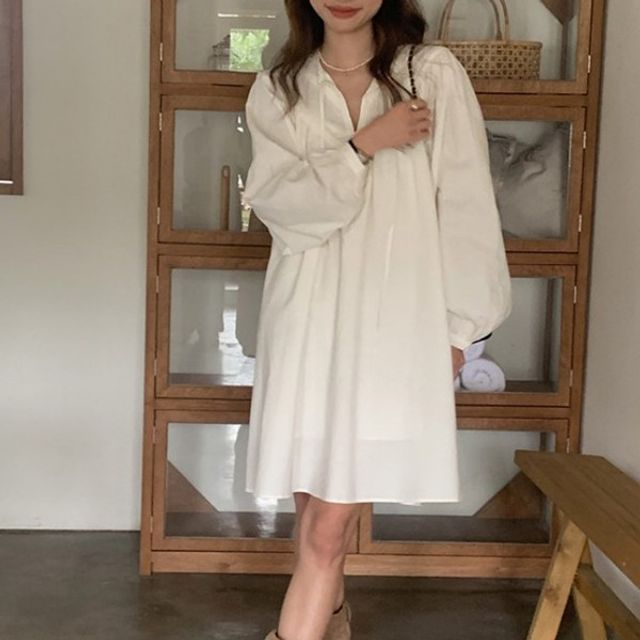 여성 원피스 퍼프소매 볼륨 넥스트링 미디 롱드레스