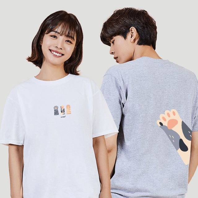 키밍 고양이 발바닥 여성면티셔츠 남성박스티 - 귀여운 고양이 발 프린트 유니섹스