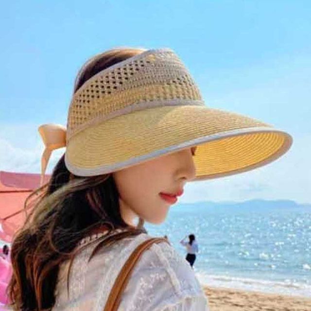 밀짚 썬캡 리본 찍찍이 자외선차단 와이드챙 바캉스룩