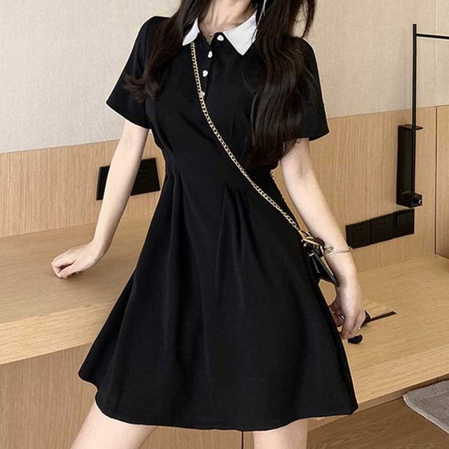 하트단추 배색카라 반팔 블랙 원피스 허리핀턱 하객룩