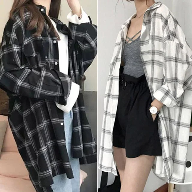여성 봄 가을 오버핏 베이직 롱남방 힙덮는 체크셔츠