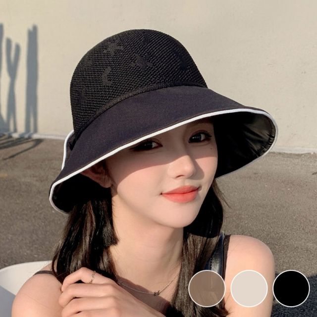 여성 여름 메쉬 별달 뒷리본 포인트 예쁜 배색 버킷햇