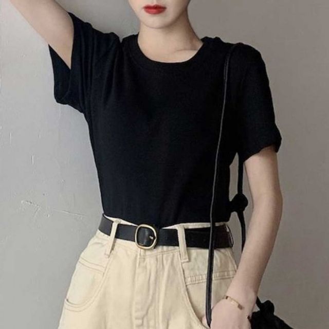 무지 라운드 반팔티 여성 캐주얼 코디 슬림핏 여름 티셔츠