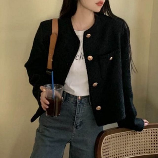 트위드 여성 노카라 자켓 라운드 여성 금장 자켓 오피스 하객룩