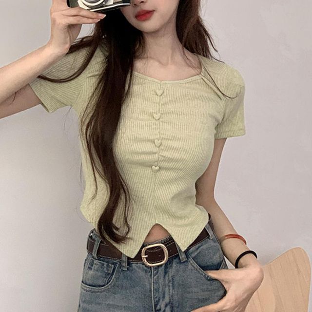 민트 골지 반팔 티셔츠 슬림핏 여름티셔츠 셔링티 반팔티 세미크롭 셔츠