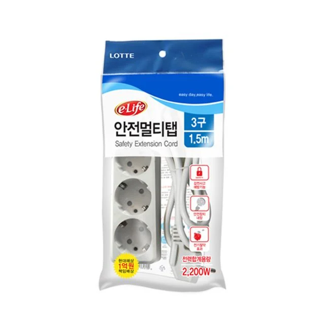 롯데스위치멀티탭3구1.5m 3구전원멀티콘센트 유 grounding절전형 벽면설치