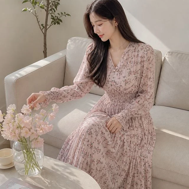 블라썸 스모크 롱원피스 여성 여름 반팔 퍼프 슬림핏 하객룩 데이트룩 치마 원피스