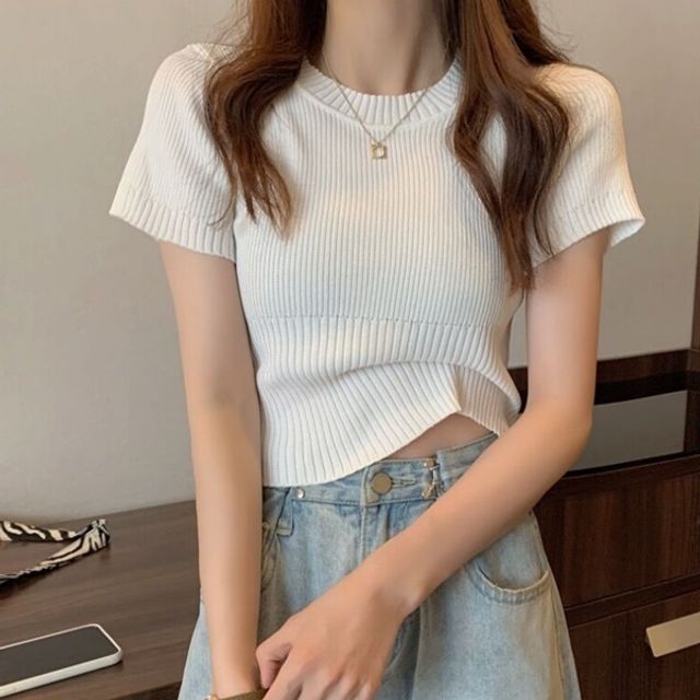 쿨샵 여성 골지패턴 니트반팔티셔츠 슬림핏크롭스타일