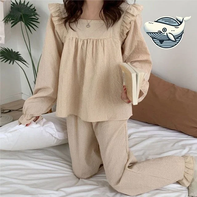 사계절 체크프릴 홈웨어 부드러운 잠옷