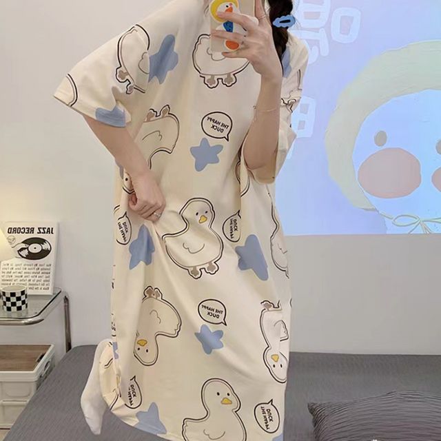 WL 여성 프린팅 캐릭터 통큰 잠옷 박시 원피스
