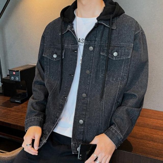 남성 데님 셔츠 자켓 후드 블랙 탈부착 캐주얼 코디