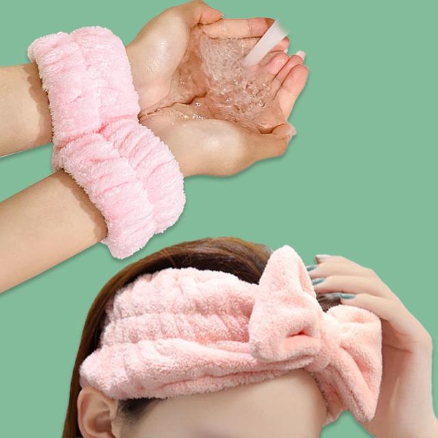 세수 세안 리본 헤어 머리띠 손목 밴드 세트 핑크