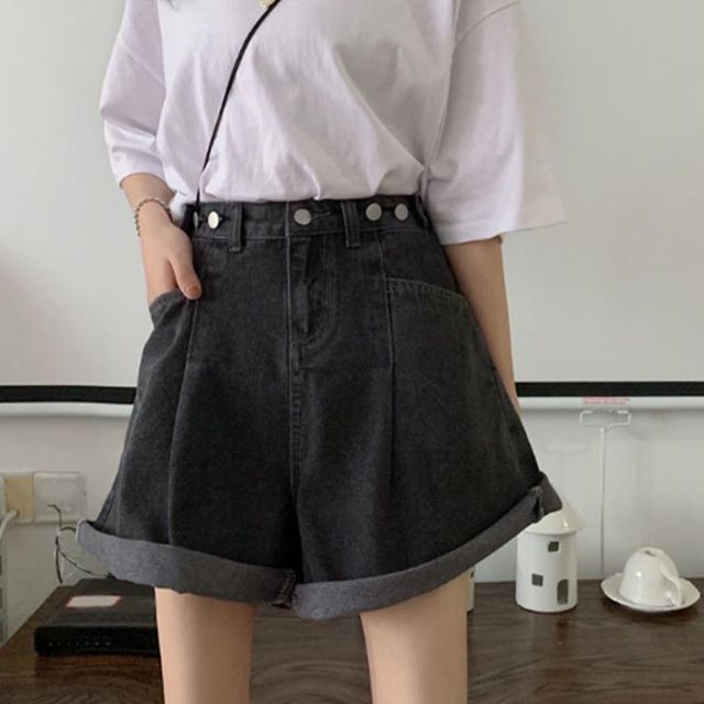 캐주얼한 와이드핏 여자 청 반바지 사이즈조절 단추