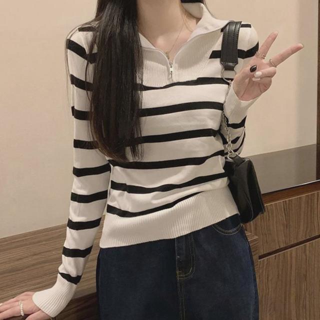 여성 데일리 반직업 줄무늬 단가라 지퍼 티셔츠