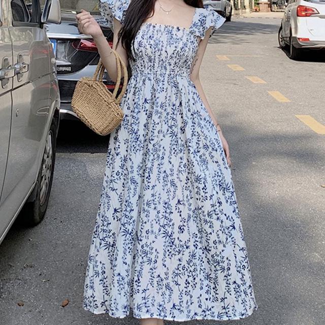 플라워 스퀘어넥 여성 어깨 프릴 밴딩 여름 원피스