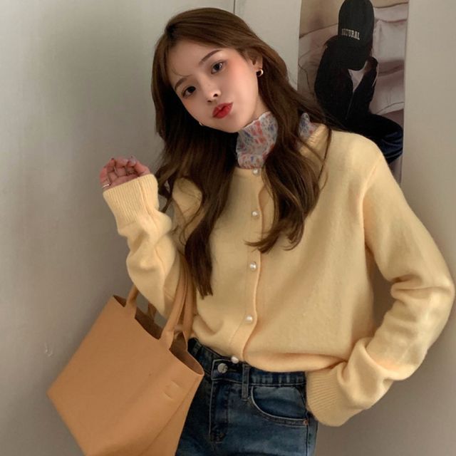 여성 진주알 폭신폭신 라운드넥 베이직 데일리 가디건
